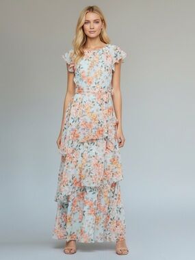 Orange Floral Tiered Ruffle Flutter Sleeve Tie Waist Occasion Maxi Dress By R&K